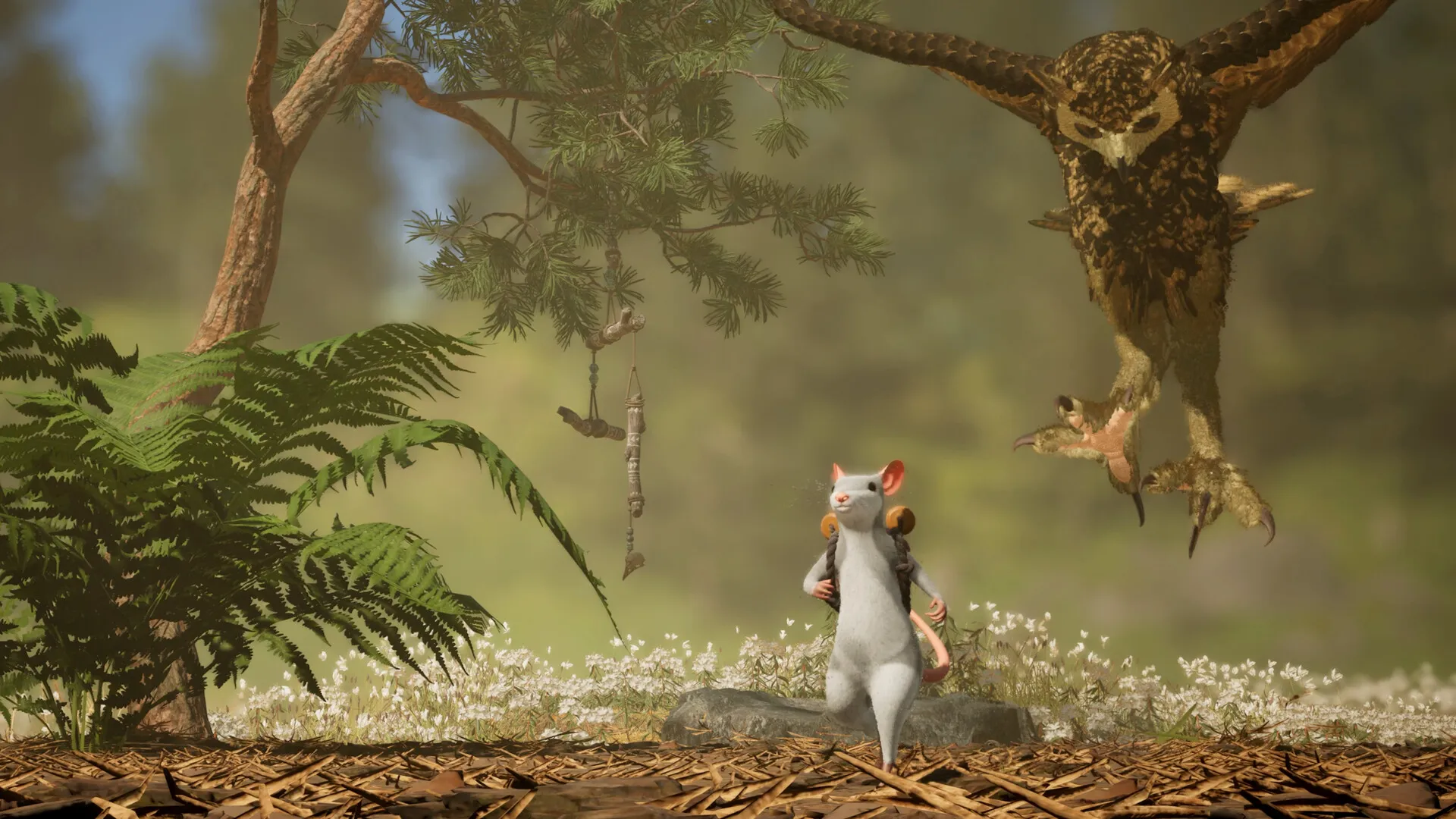 A mouse facing a descending owl in a misty forest in Hela: of Mice & Magic