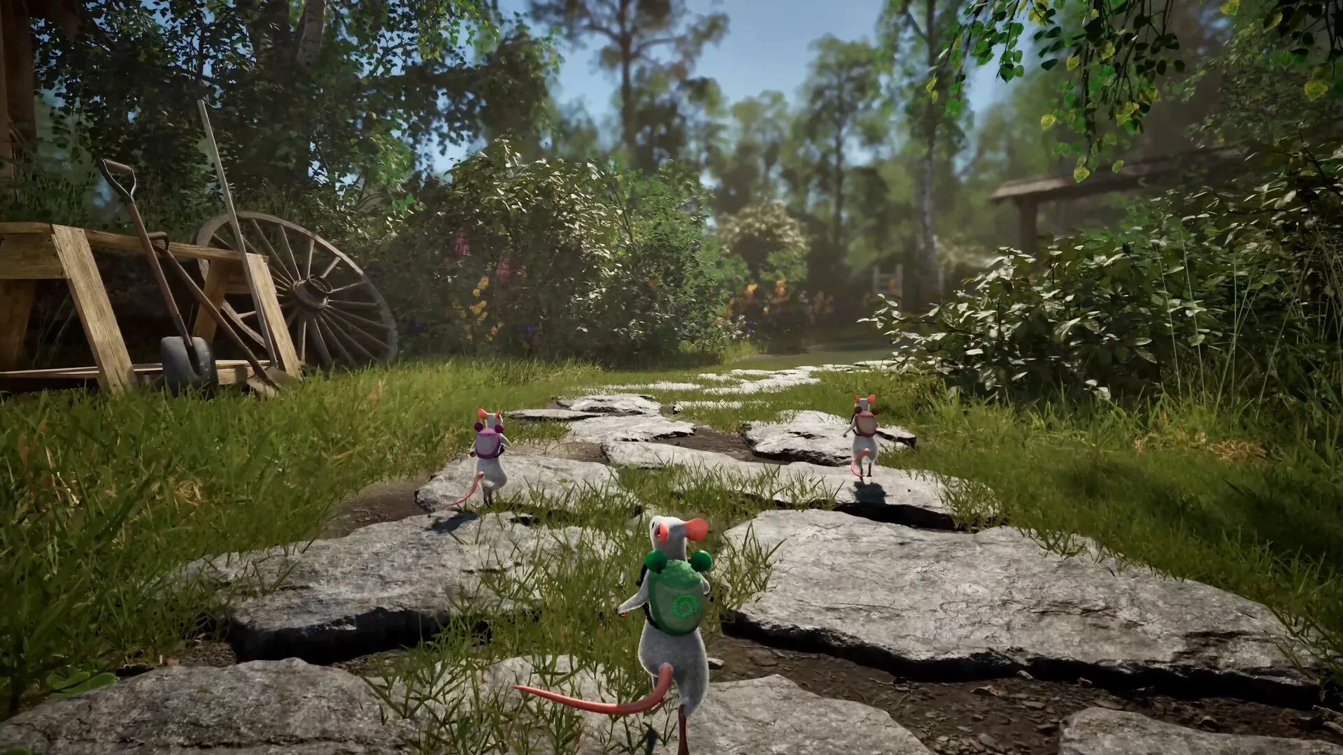 Three mice walking a stone path through a meadow in Hela: of Mice & Magic