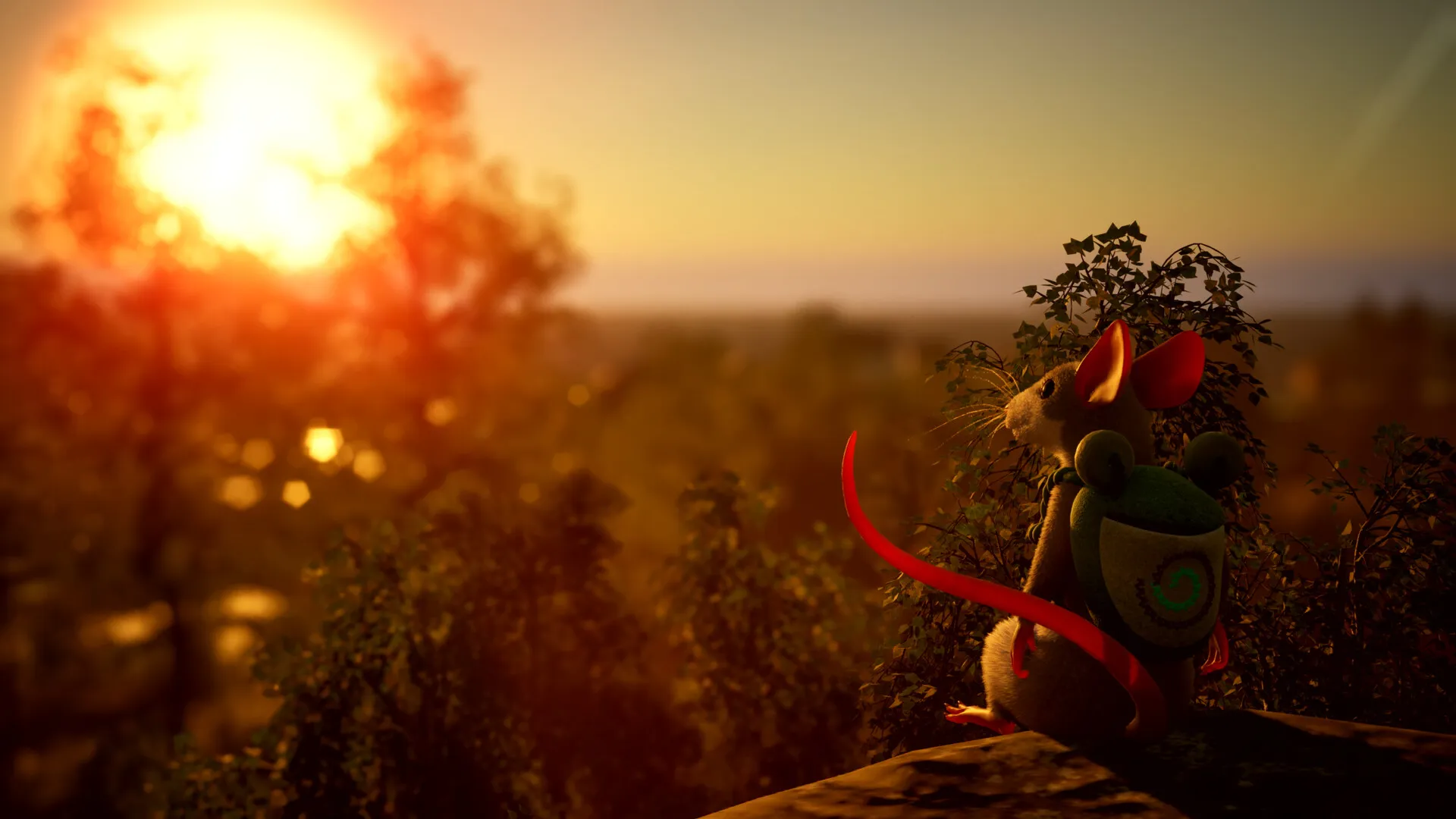 A mouse with a Froggy backpack watching the sunset over the forest in Hela: of Mice & Magic